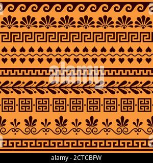 Greek seamless vector pattern set - ancient floral and geometric ornament, key pattern in brown and orange Stock Vector