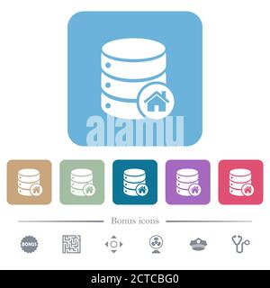 Default database white flat icons on color rounded square backgrounds. 6 bonus icons included Stock Vector