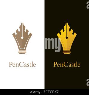 Gold colored pen icons with castle symbols. Luxury logo designs. Stock Vector