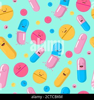 Funny pills seamless pattern. Red yellow cute smiling medicines pink blue antibiotic capsules. Stock Vector