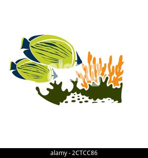Sea scape Seaweeds and tropical fishes Underwater life icon Sign for oceanarium or aquarium Stock Vector