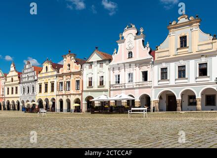 Main town square with Renaissance and Baroque houses and arcades, Telč, Czech Republic Stock Photo