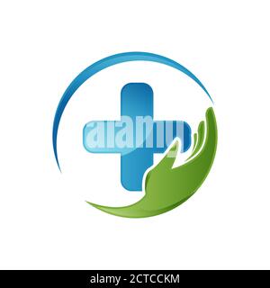 hand for care symbol combined with Health care medical logo design Pharmacy healthcare vector template illustration Stock Vector