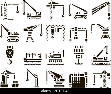 Crane Building Machine Glyph Set Vector Stock Vector