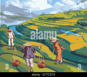 Illustration of farmers planting rice in the fields, rice field terraces in the mountains landscape, Vector rice or tea plantation on a cascading fiel Stock Vector