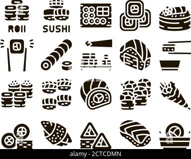 Sushi Roll Asian Dish Glyph Set Vector Stock Vector