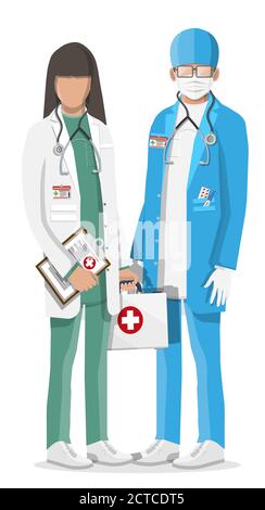 Two doctors in coat with stethoscope and case. Medical suit with different pills and medical devices in pockets. Healthcare staff, hospital and medica Stock Vector