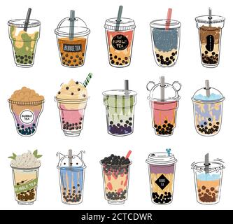 Bubble tea. Popular taiwanese pearl milk tea with balls, bubble asian tea, soft drinks in plastic cups trendy dessert colorful vector collection. Diff Stock Vector