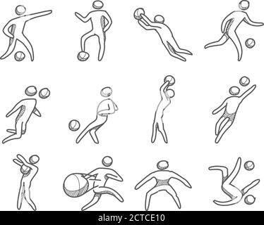 Football player icons in sketches. Sport soccer hand drawn doodles. Stock Vector