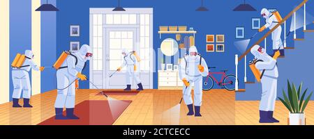 Home disinfection by commercial disinfecting services, surface treatment from pandemic coronavirus. Disinfectant workers wear protective mask and suit Stock Vector