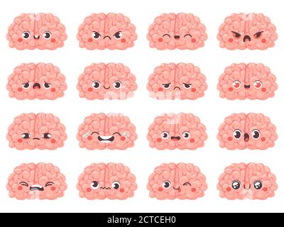 Brain emoticons. Cute brains characters with different face expression. Happy and angry, whink and sad, creative avatar cartoon vector set. Funny face Stock Vector