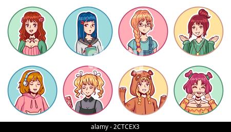 Anime girls avatars. Color portraits cute manga female teens in various clothes with different emotional expressions stickers vector set. Characters w Stock Vector