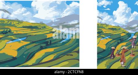 Vector rice or tea plantation on a cascading field on a mountain in China, Vietnam or the Philippines . Abstract asian meadow with plant. Flat cartoon Stock Vector