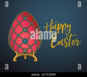 Easter golden egg with vintage baroque ornament. Faberge egg collected in a luxurious Easter collection, Hand drawn lettering "Happy EASTER". Stock Vector