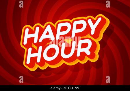 happy hour red and yellow text effect template with 3d type style and retro concept swirl red background vector illustration. Stock Vector