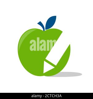 Green Apple icon with pen symbol in negative space isolated on white background Stock Vector
