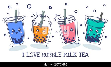 Bubble tea. Plastic cup with cute emotions smile characters and pearl milk tea, green, coffee and fruit tea with balls, asian drink cartoon vector set Stock Vector