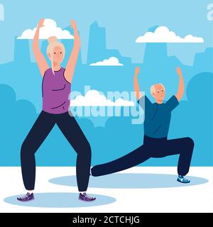 senior couple practicing exercise outdoor, sport recreation concept Stock Vector