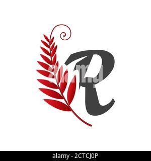 combination initial R Letter logo design with red leaf symbol icon vector graphic concept illustrations Stock Vector