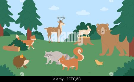 Animals in summer nature vector illustration. Cartoon flat happy wild animalistic characters standing on natural green meadow, wildlife scene with bear fox raccoon hare deer squirrel hedgehog bird Stock Vector