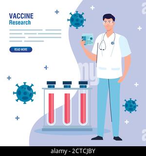 medical vaccine research, doctor with tubes test in development coronavirus covid19 vaccine Stock Vector