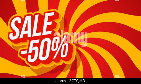 Sale 50 off typography vector illustration. Black Friday sale on red Spiral hipnotic optical illusion swirl background. Simple graphic vector illustra Stock Vector