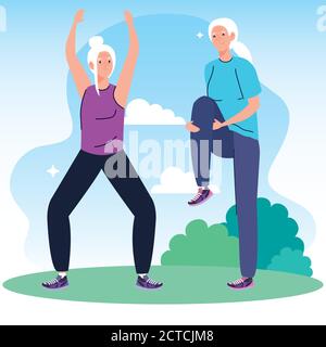 senior couple practicing exercise outdoor Stock Vector