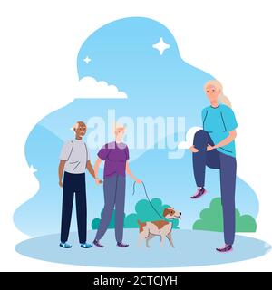 senior people, doing different activities and hobbies in the outdoor Stock Vector