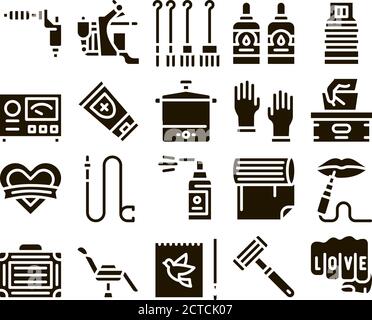 Tattoo Studio Tool Glyph Set Vector Stock Vector
