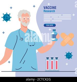 medical vaccine research, doctor with vial and tubes test, development coronavirus covid19 vaccine Stock Vector