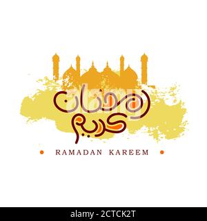 Ramadan Kareem Design Arabic and English Text ivory background with masjid silhouette Stock Vector