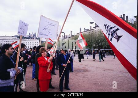 Protesters support Lebanon, Lyon, 1989 Stock Photo