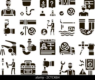 Plumber Profession Glyph Set Vector Stock Vector