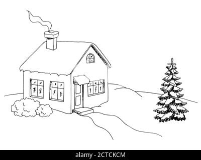 Winter house graphic art black white sketch landscape illustration vector Stock Vector