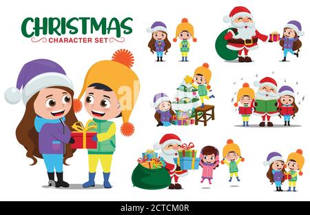 Christmas character vector set. Christmas kid characters of xmas holiday season activity collection design isolated in white background. Stock Vector