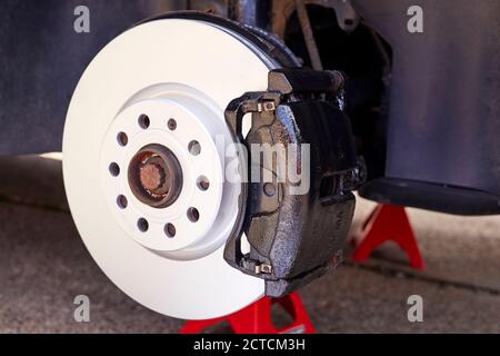 New set of brake discs fitted to vehicle Stock Photo