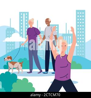 senior people doing different activities and hobbies in outdoor Stock Vector