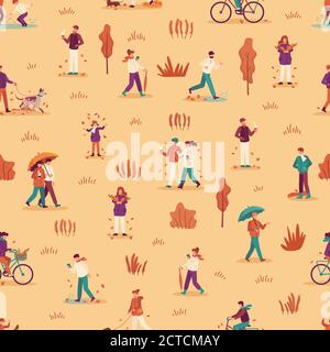 Autumn people seamless pattern. Men, women and child enjoying fall season, walk with umbrella and pets in park, ride bike vector background. Couple dr Stock Vector