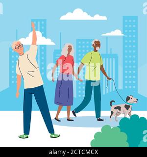 senior people doing different activities and hobbies in the outdoor Stock Vector