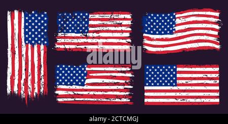 USA american grunge flag. US flags graphic design with stars and stripes and grunge texture. T-shirt print, wallpaper design vector set. USA national Stock Vector