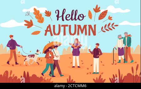 Hello autumn. Happy people walk in public park, red yellow trees and falling leaves, healthy lifestyle in fall season vector background. Couple going Stock Vector