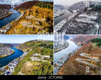 Seasons Concept summer winter fall spring Aerial view of the mosel village Brodenbach in Germany on a sunny day. Stock Photo
