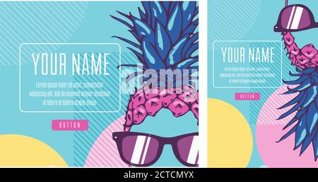Pineapple in the style of a pop poster spring-summer, a banner in the fashionable Memphis style of the 80s-90s. Lettering and colorful design for post Stock Vector