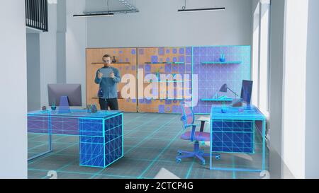 New Home Office: Modern Interior Designer Uses Augmented Reality Software on Digital Tablet Computer to Choose 3D Furniture for His Cozy Home Office Stock Photo