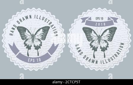Monochrome labels design with illustration of blue emperor Stock Vector
