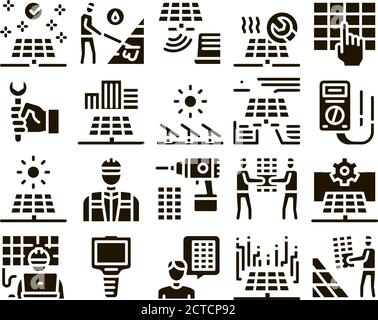 Solar Energy Technicians Glyph Set Vector Stock Vector