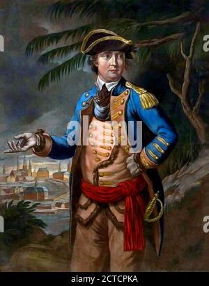 Benedict Arnold (1741-1801),  a general during the American Revolutionary War who originally fought for the American Continental Army but defected to the British Army. In this illustration he is shown in the uniform of a Colonel in command of the provincial troops sent against Quebec. Colour mezzotint. Stock Photo