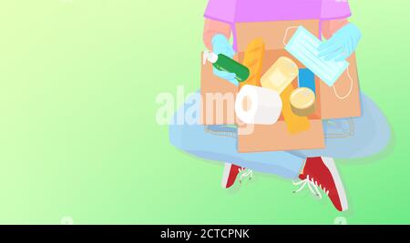 A volunteer has sitting on the floor and holding donation box with food, toilet paper and sanitizer. Food delivery service for those who need. Vector Stock Vector
