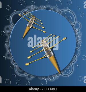 Two rowing boats in silver and gold, on a round white background with bubbles. Color banner Stock Vector