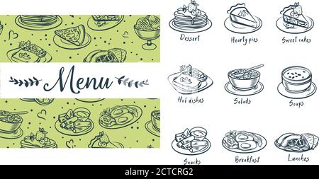 Icons and symbols can be used on the website or in the restaurant menu, illustrations for recipes or price pages, Menu food icons handmade chalk on a Stock Vector